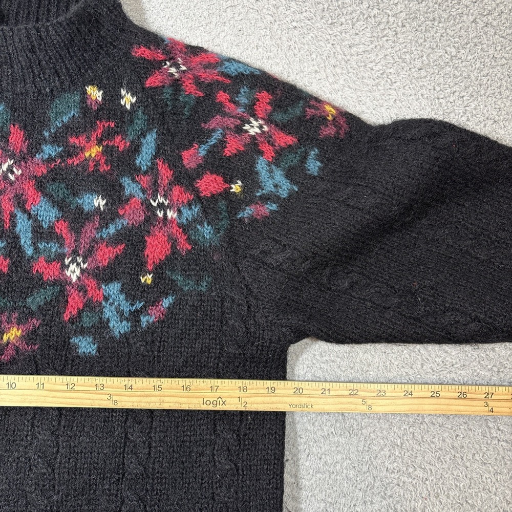 VTG LL Bean Sweater Women's M Black Mohair Wool Floral Yoke Pullover 80s Mock - Picture 4 of 6